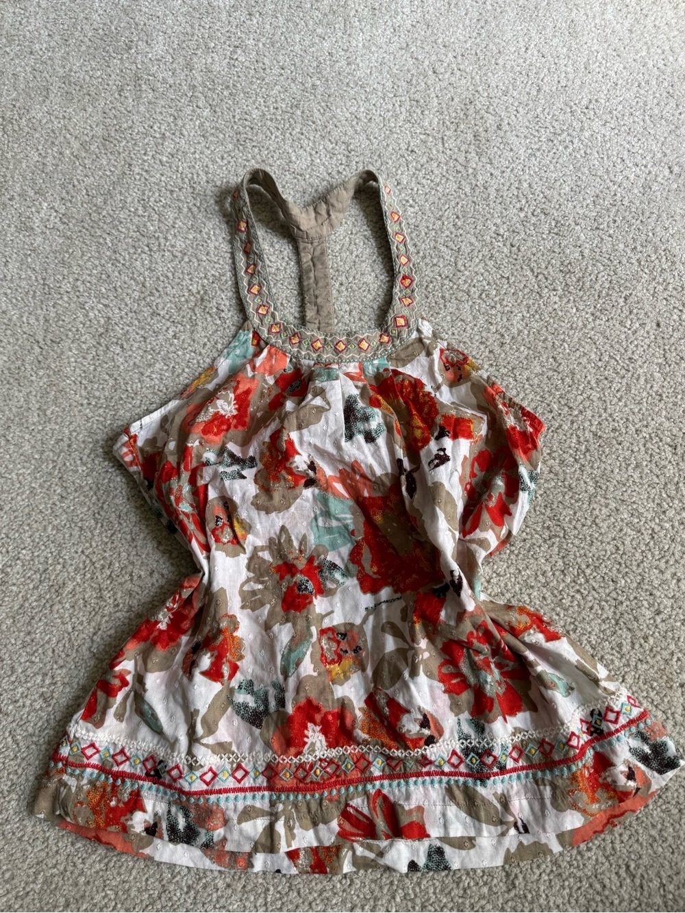 American Rag Cream Floral Tank with Red & Tan Accents boho